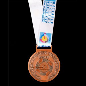 Archery World Cup 2007 sports medal - 60mm silver frosted polished sports medal with white printed ribbon - Medals UK