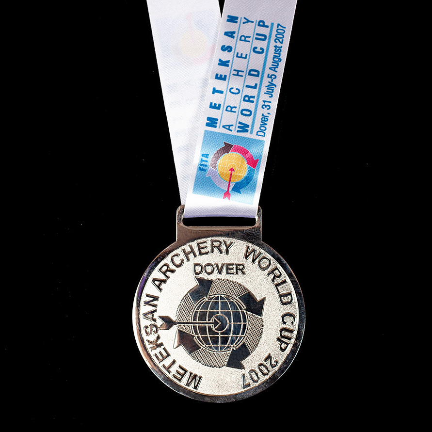 Archery World Cup 2007 sports medal - 60mm silver frosted polished sports medal with white printed ribbon - Medals UK
