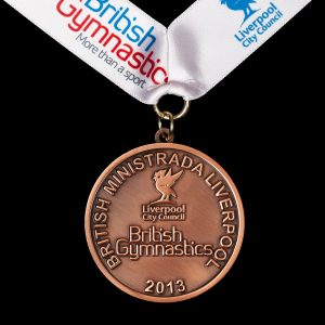 Custom made British Gymnastics medal - British Ministrada Liverpool 2013 - 50mm bronze antique sports medal with a white printed ribbon - Medals UK