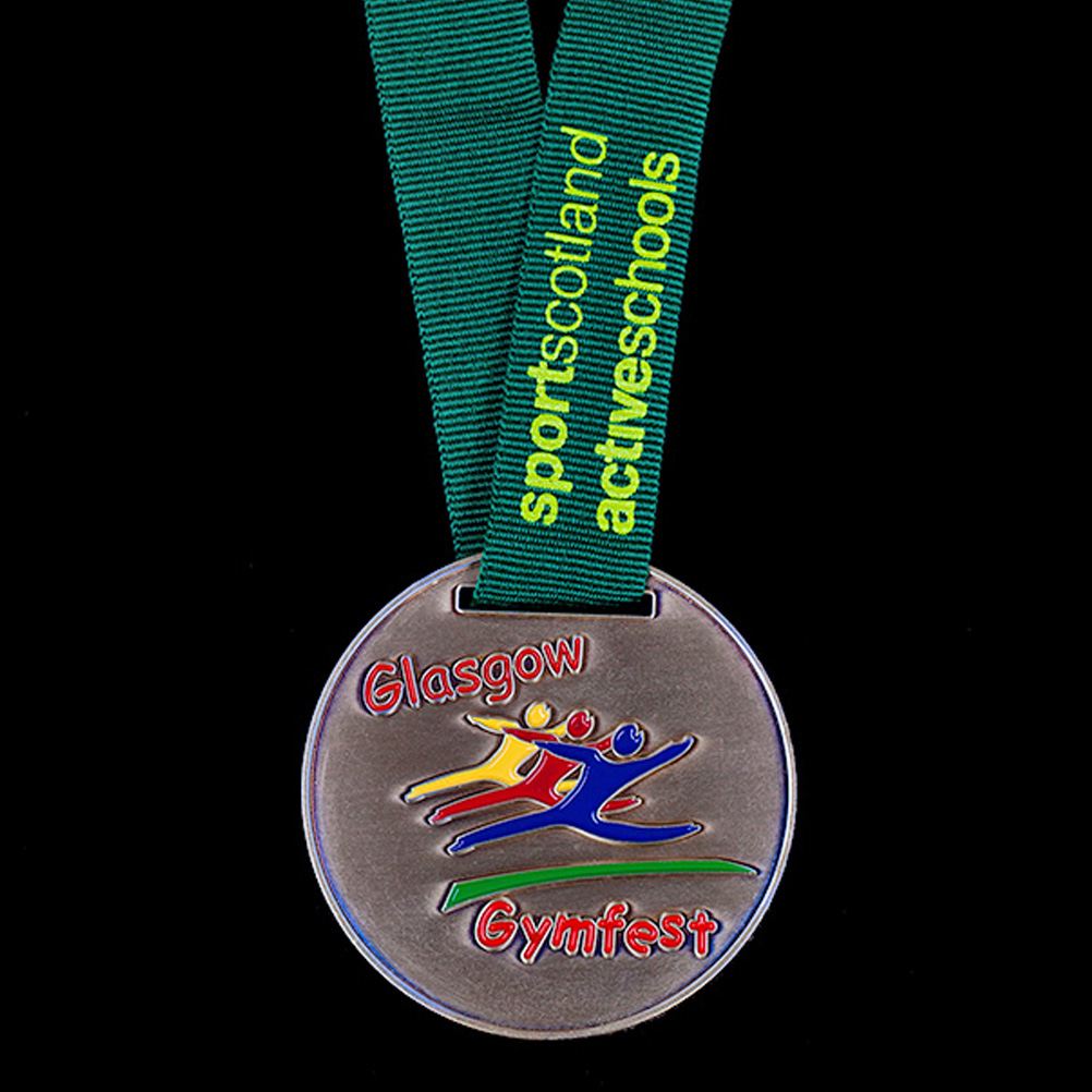 Glasgow Gymfest - Custom Made Sports Scotland Active Schools Gymnastics medals - 50mm Antique Enamel Gold Medal with green ribbon and yellow print - Medals UK