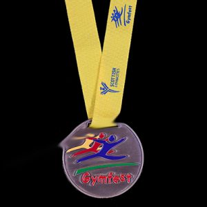 Scottish Gymnastics 50mm Antique Enamel Gold Gymfest Sports Medal with yellow ribbon and blue print
