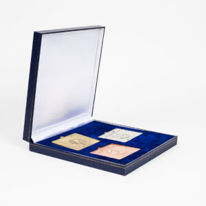 Sainsburys School Games Sports Medals - 2013 Finals 50mm Frosted Polished Rectangle Sports Medal set of Gold Silver Bronze in a blue leatherette case