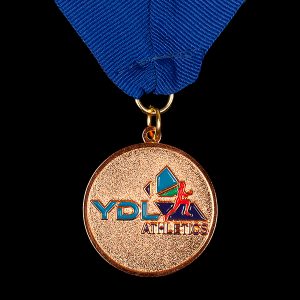 YDL Athletics Sports Medals - Youth Development League 38mm bronze enamelled frosted polished bespoke sports medal with blue ribbon