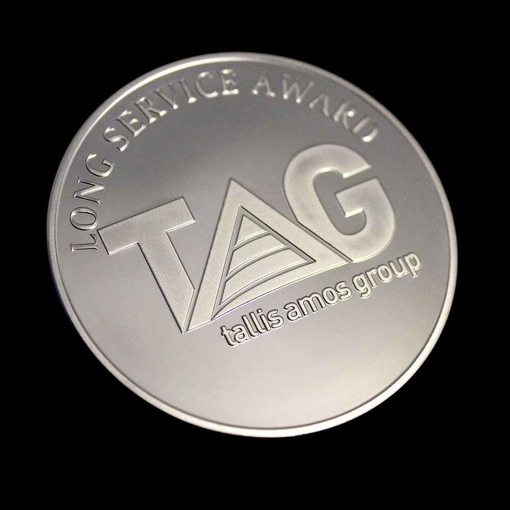 Close up of 50mm Silver Semi-Proof Tallis Amos Group Medal for Long Service Award