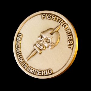 Close up of 38mm Gold Antique Smooth Commemorative Coin Fighting First for 59 Independent Commando Squadron Royal Engineers